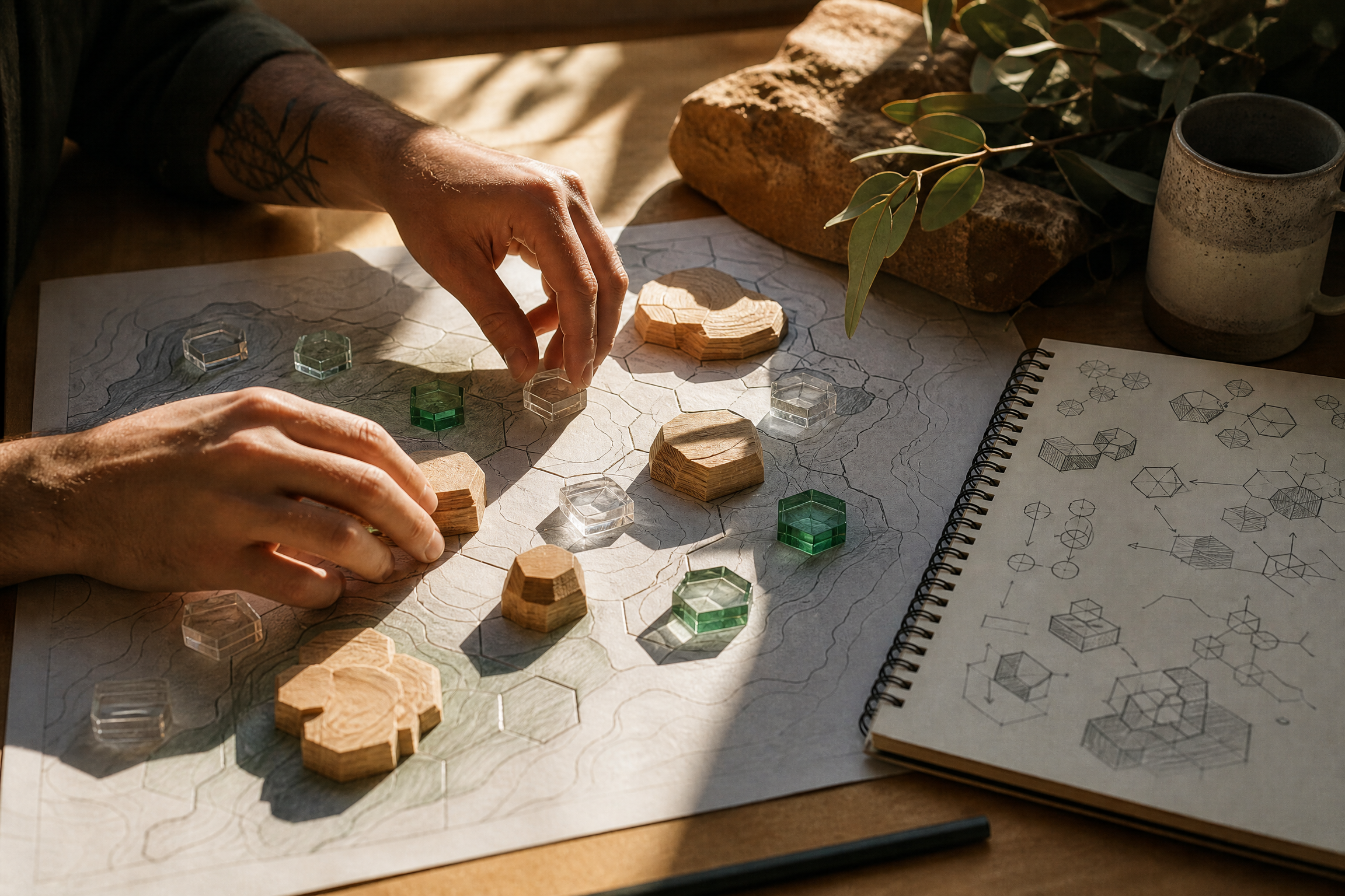 Hands arranging tactile game design prototypes