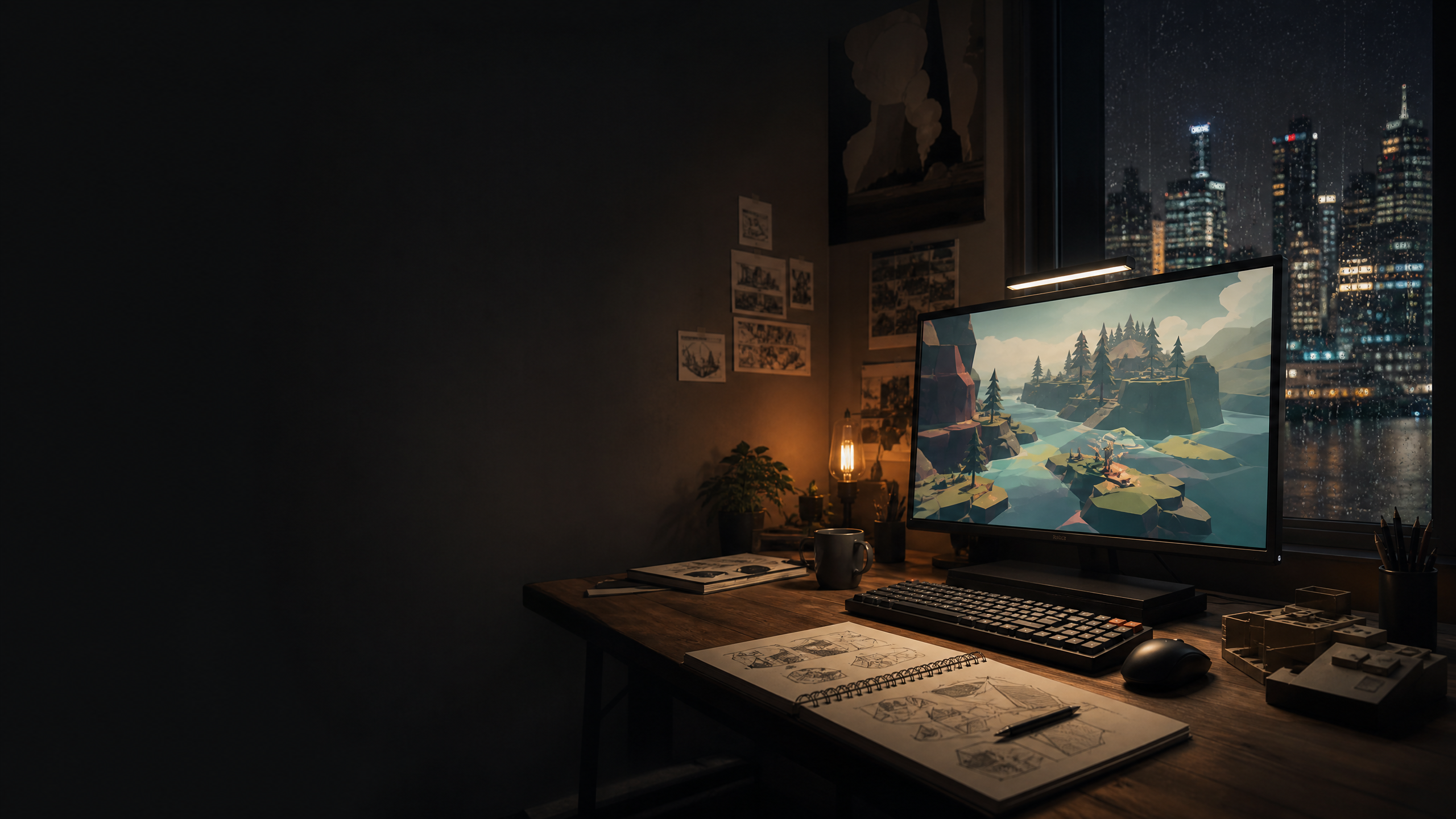 Game studio desk at night with a game world on screen